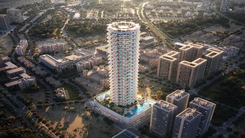 Modern residential building and park area in JVC Dubai
