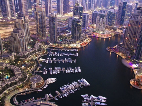 Luxury high rise towers overlooking Dubai Marina waterfront