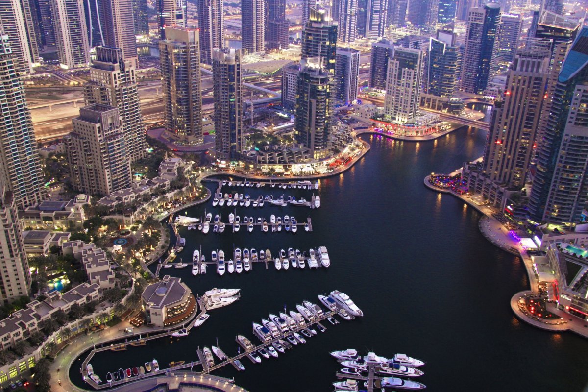 Luxury high rise towers overlooking Dubai Marina waterfront
